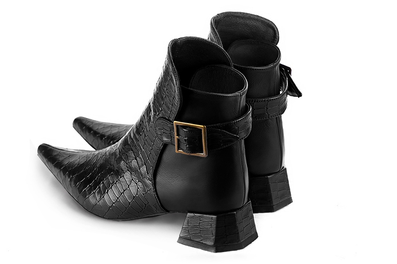 Satin black women's ankle boots with buckles at the back. Pointed toe. Low flare heels. Rear view - Florence KOOIJMAN